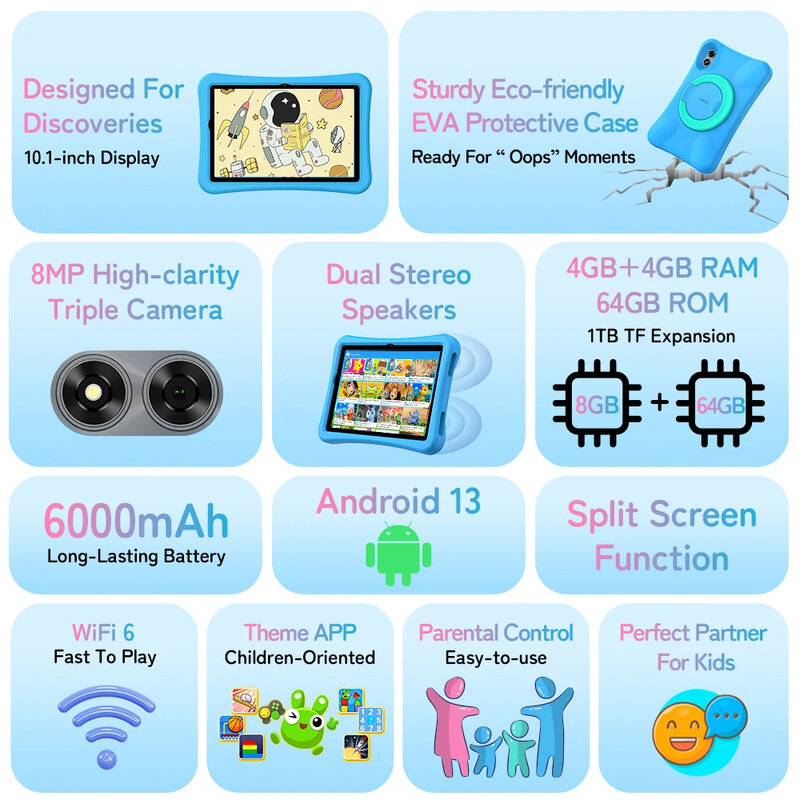 子供向けのコネクテッドタブレットUMIDIGI-G1,6000インチ,学習用,Android 13,クアッドコア,4GB RAM,64GB ROM,Wi-Fi 6, 60Hz,バッテリー10.1 mAh