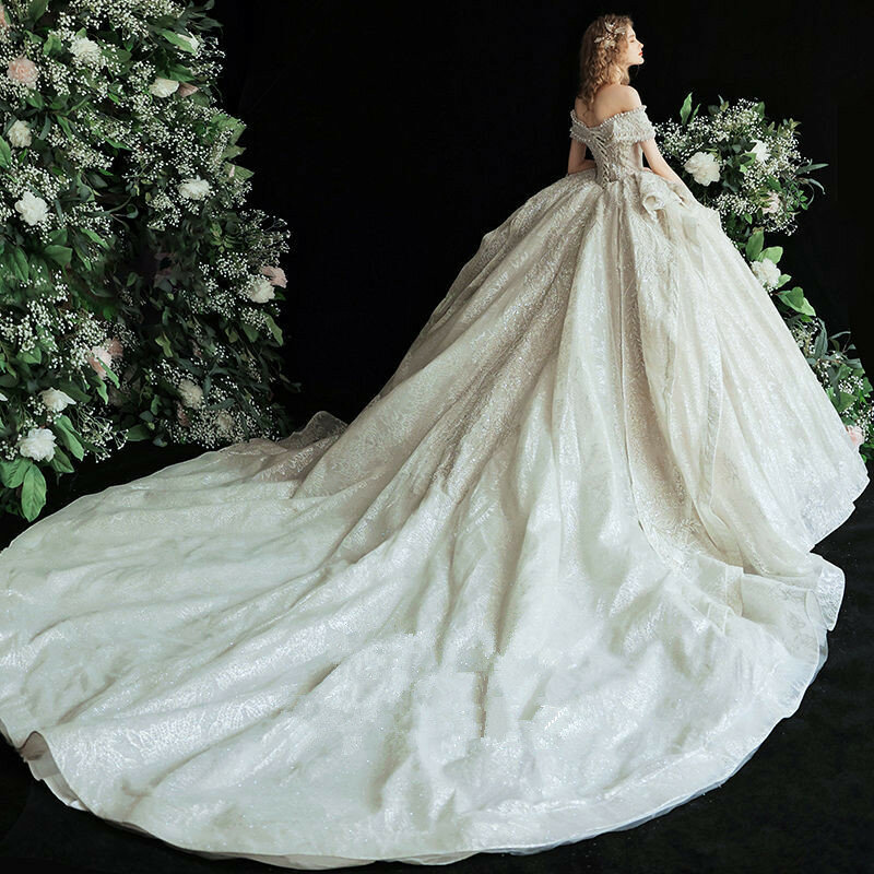 Женское бальное платье с блестками и стразами, свадебное платье с блестками и жемчугом, роскошное свадебное платье с открытыми плечами, свадебное платье