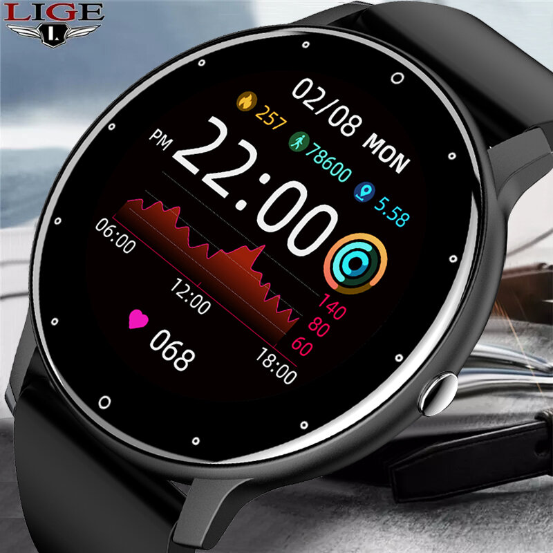 Lige-AndroidとiOS用のコネクテッドウォッチ,男性用リストバンド,スポーツ,タッチスクリーン,耐水性,ip67,Bluetooth,ケース付き,2023