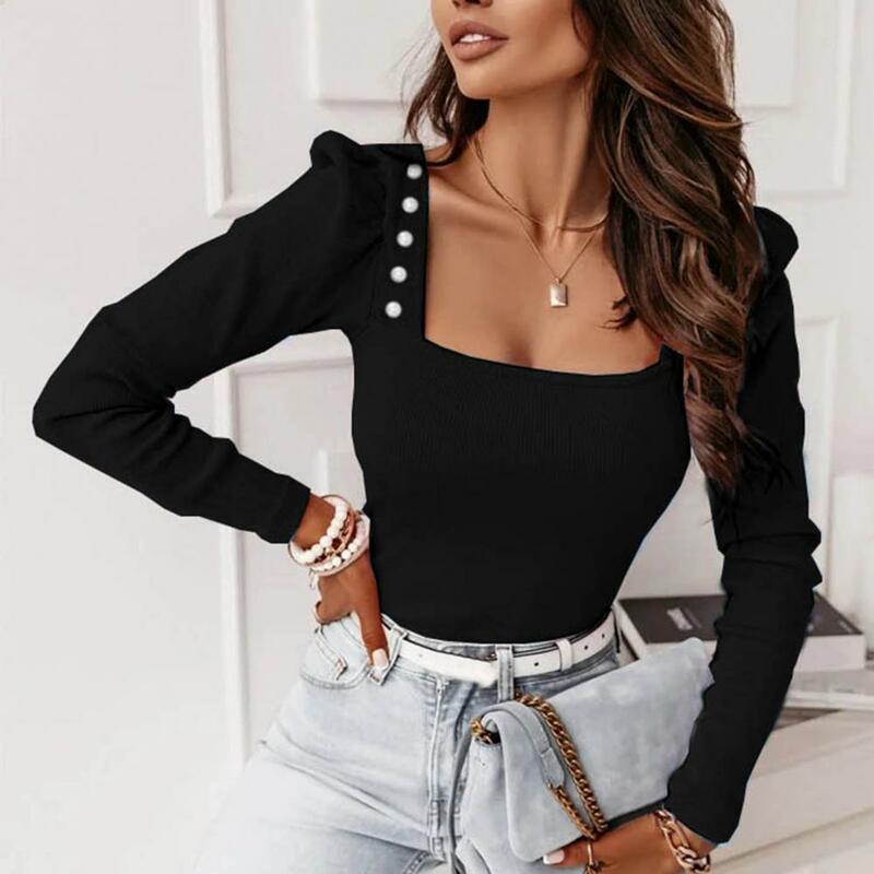 Polyester Fiber Women Top Stylish Women's Knitted Tops with Square Collar Faux Pearl Decor Long Sleeve Pullovers for Winter