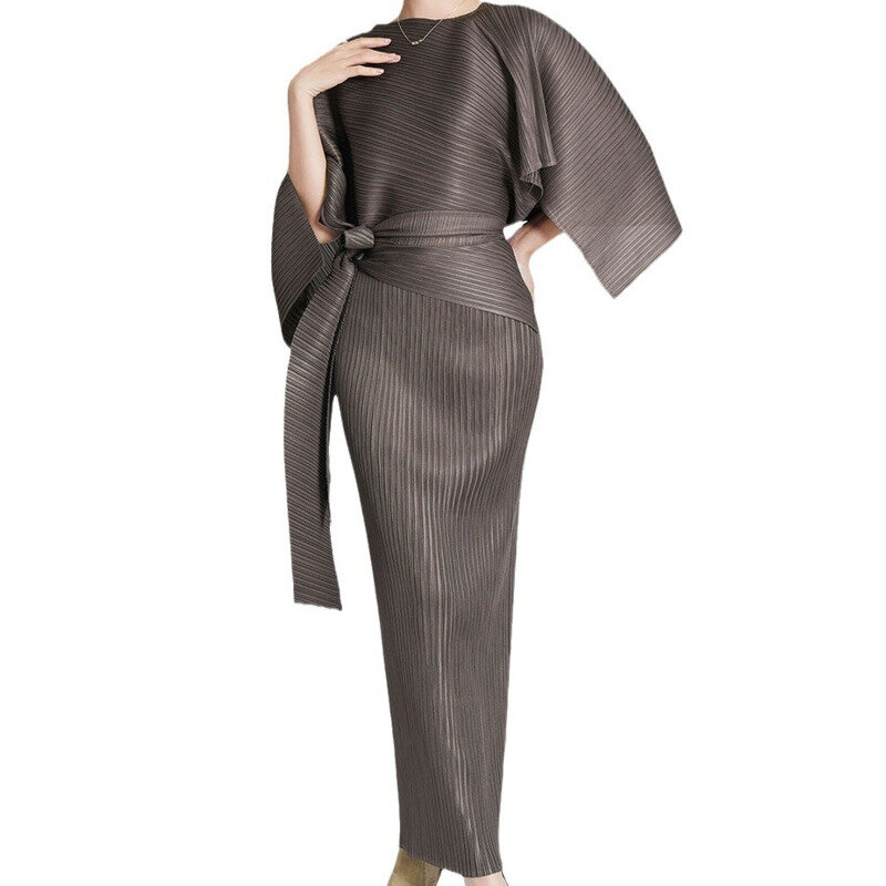 COZOK moda donna top con lacci pieghettati + gonna alla caviglia tinta unita Casual elegante set di due pezzi 2024 New Trendy WT245