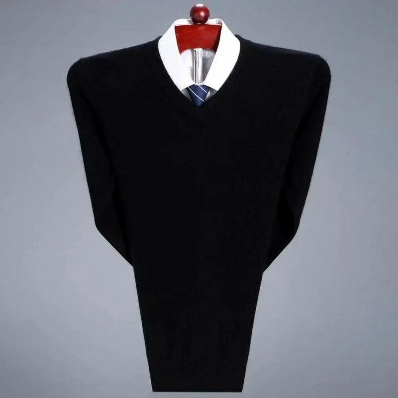 Camisola de malha de manga comprida com decote em v masculino, cor sólida, grossa, macia, elástica, comprimento médio, outono, inverno