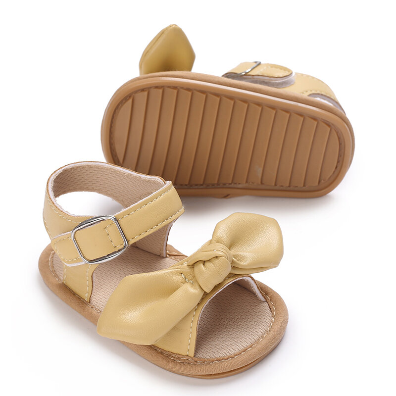 Zapatos amarillos para bebé recién nacido, calzado clásico con lazo, suela de goma, antideslizante, PU, primeros pasos