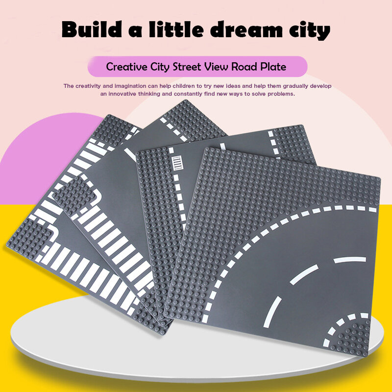 เมืองถนน Street ฐานแผ่นแผนที่ชั้นตรง Crossroad Curve Block ใช้งานร่วมกับ Legoeds 7280 7281อาคารอิฐ DIY ของเล่นของเล่น
