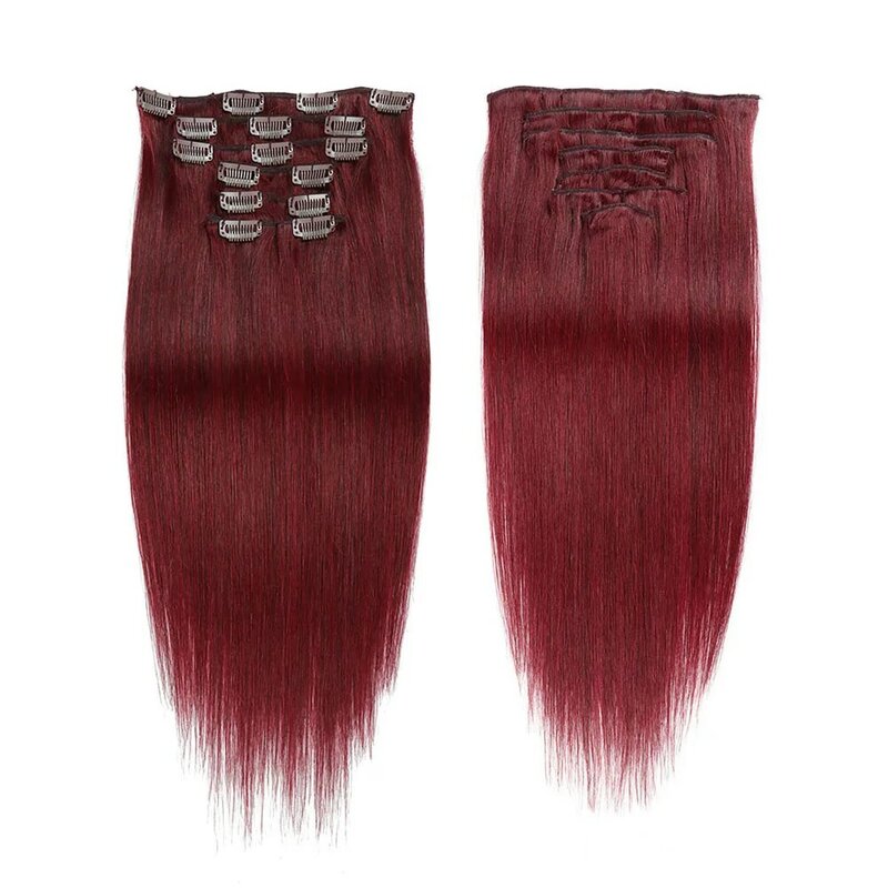 Rechte Clip In Hair Extensions Echt Menselijk Haar Huid Inslag Naadloze Clip Ins 7 Stuks Bordeauxrode Kleur 99j # Voor Vrouwen 22-24 Inch 100G