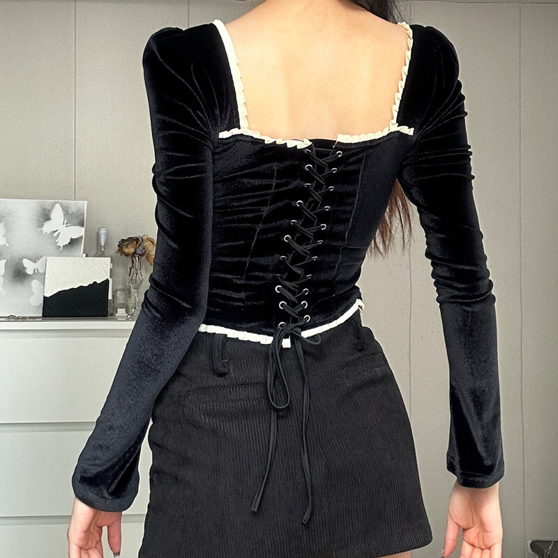 Blus Velvet hitam antik atasan persegi leher blus potong lengan panjang untuk wanita mode kemeja dan blus 2024 elegan
