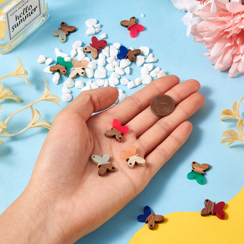 12 pezzi resina legno di noce farfalla ciondoli pendenti bicolore per gioielli che fanno orecchini portachiavi risultati connettore fatti a mano fai da te