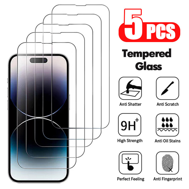 Pelindung layar kaca Tempered, 5 buah untuk iPhone 14 13 12 11 Pro Max pelindung layar untuk IPhone 6 6s 7 8 15 Plus SE X XS XR 14Pro kaca Film