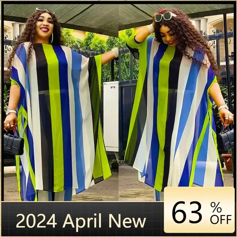 2024 Plus Size Lente 2 Stuk Afrikaanse Chiffon Kleding Voor Vrouwen Zomer Feestjurk Dashiki Top Broek Pak Street Casual Outfits
