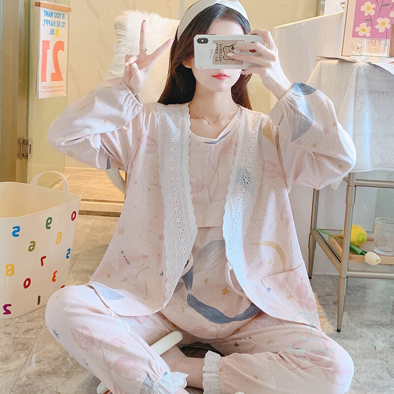 Mùa Thu Mỏng Sữa Cotton Lụa Đồ Điều Dưỡng Đồ Ngủ Bộ Ngọt Ngào Đáng Yêu Bộ Đồ Ngủ Phù Hợp Với Quần Áo Mang Thai Nhà Phòng Chờ Khi Mặc