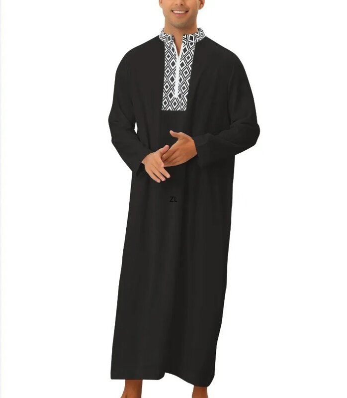 Muslim Fashion 2024 Men Long Sleeve V-neck Black Gray Red Polyester Printing Jubba Thobe Muslim Men Clothing Muslim Abaya