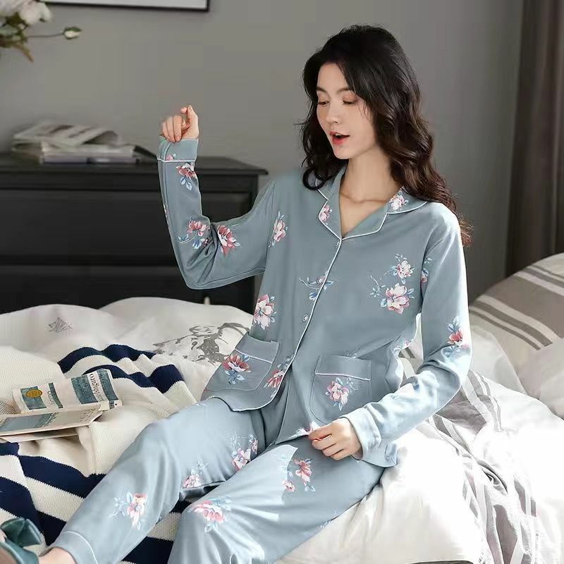 Nachtwäsche Frauen Frühling Herbst Baumwolle Pyjama setzt Langarm Hosen Pyjamas koreanische Revers gedruckt High-End-Lounge wear Anzug neu