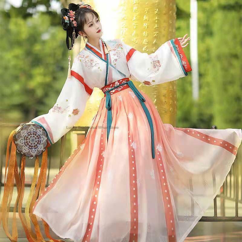 Chinese Traditional Ancient Weijin Dynasty Women Crossed Collar Hanfu  Flower Printed Fairy Long Dress Dance Hanfu Costume