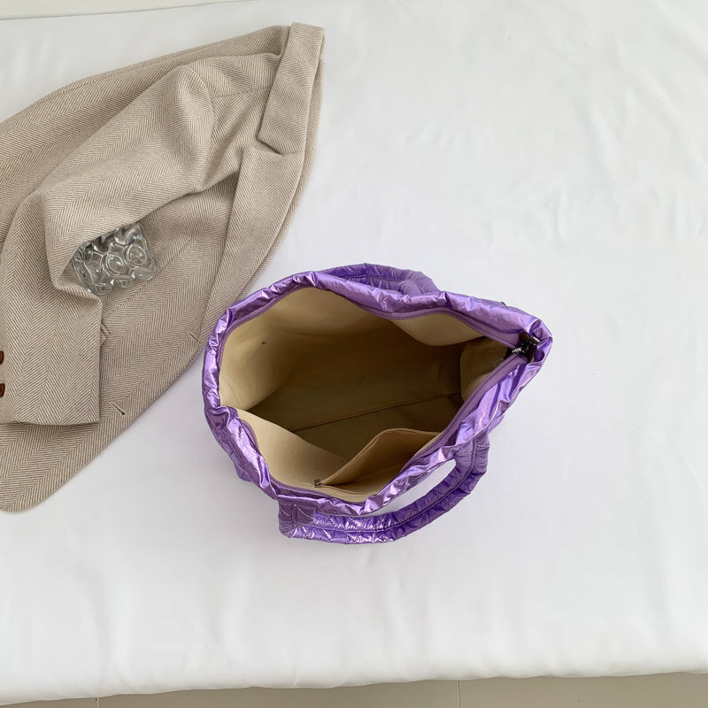 Waterproof Women's Bag Shopper Fashion Zipper Handbag Nylon Padded Quilted Large Capacity Tote Shoulder Bag Luxury Purple Bolsos