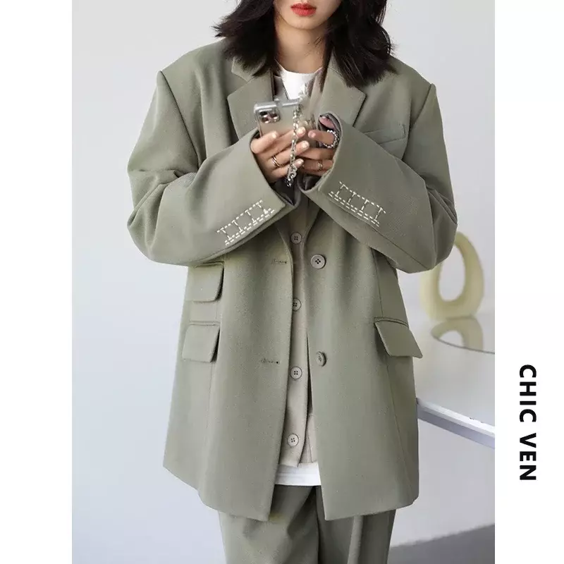 CHICVEN 커프 자수 블레이저, 와이드 숄더 트울 수트, 오피스 레이디, 여성 겉옷, 세련된 상의, 가을