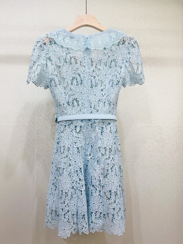 Mini vestido de manga curta feminino com cinto, robe azul, bordado em renda, gola virada para baixo, zíper, doce, verão, 2024