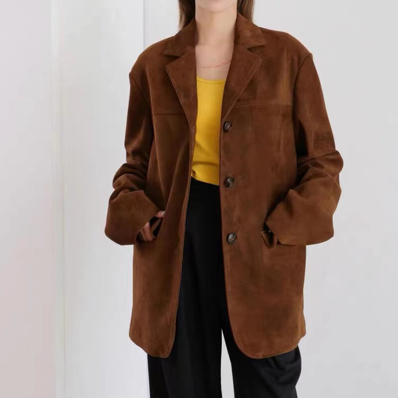 Jaket Suede karamel antik Retro untuk wanita, jaket kulit asli kelas atas longgar pas 2023, mantel panjang sedang