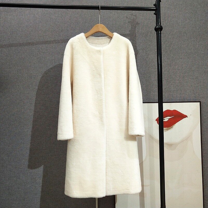 Abrigo largo de piel de oveja para mujer, Parka cálida de lujo con cuello redondo, 100%, PT371