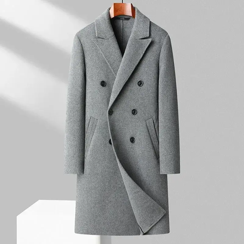 Mantel wol dua sisi untuk pria, mantel buatan tangan panjang selutut dua sisi musim gugur musim dingin, mantel wol pas ramping ukuran M-3XL