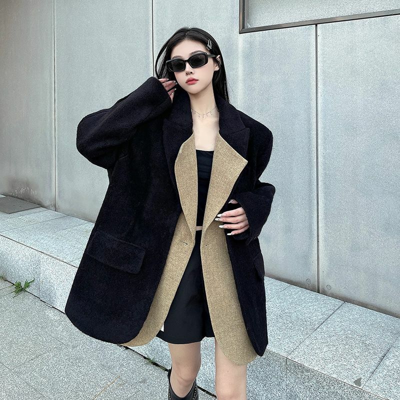 Black Thickened Woolen Suit Jacket for Women's Winter New Color Matching Loose Woolen Coat