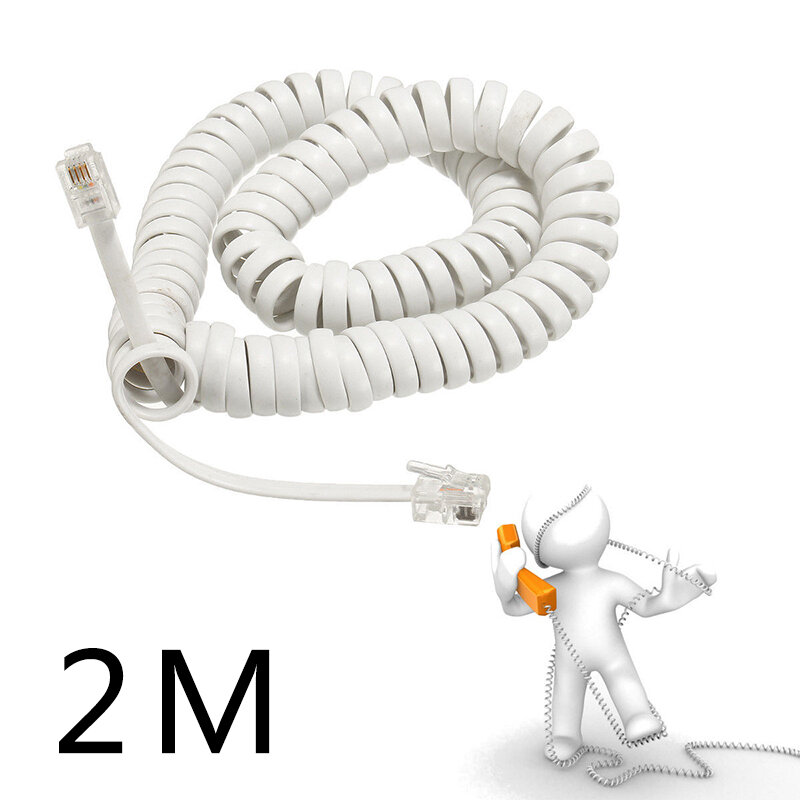 สายโทรศัพท์แบบตรง2เมตรตัวเชื่อมต่อแบบเกลียวโค้งสำหรับ4P4C สายทองแดงปรับระดับเสียงโทรศัพท์แบบโค้ง