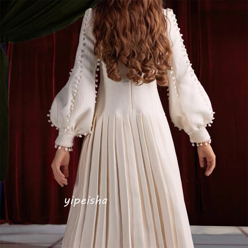 Prom Dress Saudi Arabia Satin Button Draped Valentine's Day A-line High Collar Bespoke Occasion Gown Long Sleeve Dresses