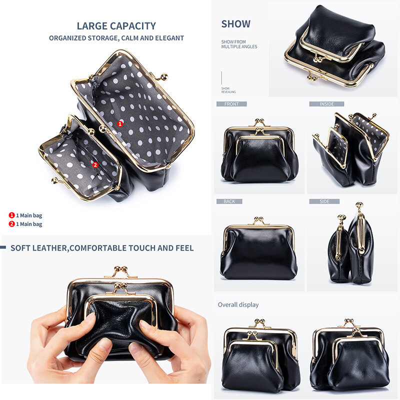 Luxury Genuine Cow Leather Fashion Vintage Coin Purse for Women Double Clip Storage Bags Mouth Gold Lipstick Bag Change Purse