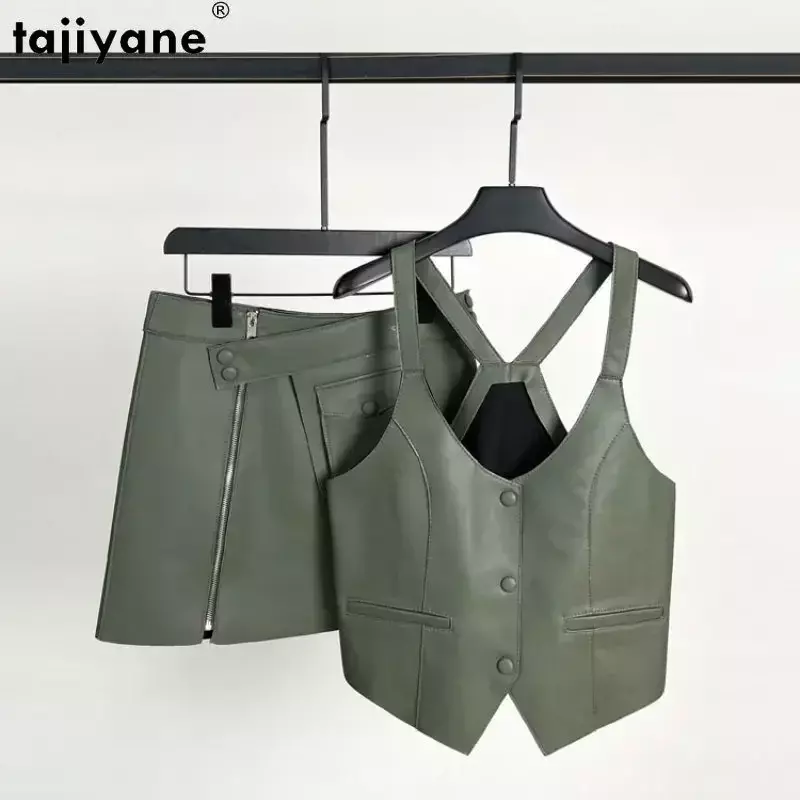 Tajiyane Genuine Sheepskin Leather Vest Women Korean Style Tops for Women 2023 Sleeveless Jacket Leather Skirt Set Women Skirts