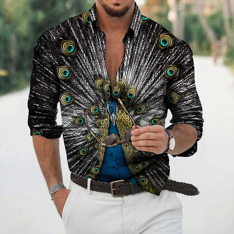 Новинка 2024, повседневная мужская рубашка с 3D принтом Павлиньего хвоста, с воротником поло, с длинным рукавом, s-6XL, четырехсторонняя эластичная тканевая рубашка