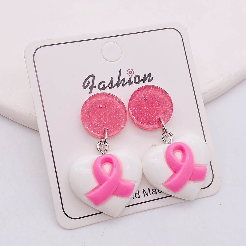 1 Pair Pink Heart Ribbon Treadrop Dangling Earring Themed Breast Cancer Awareness Survivor Ear Jewelry Gifts For Women Wholesale
