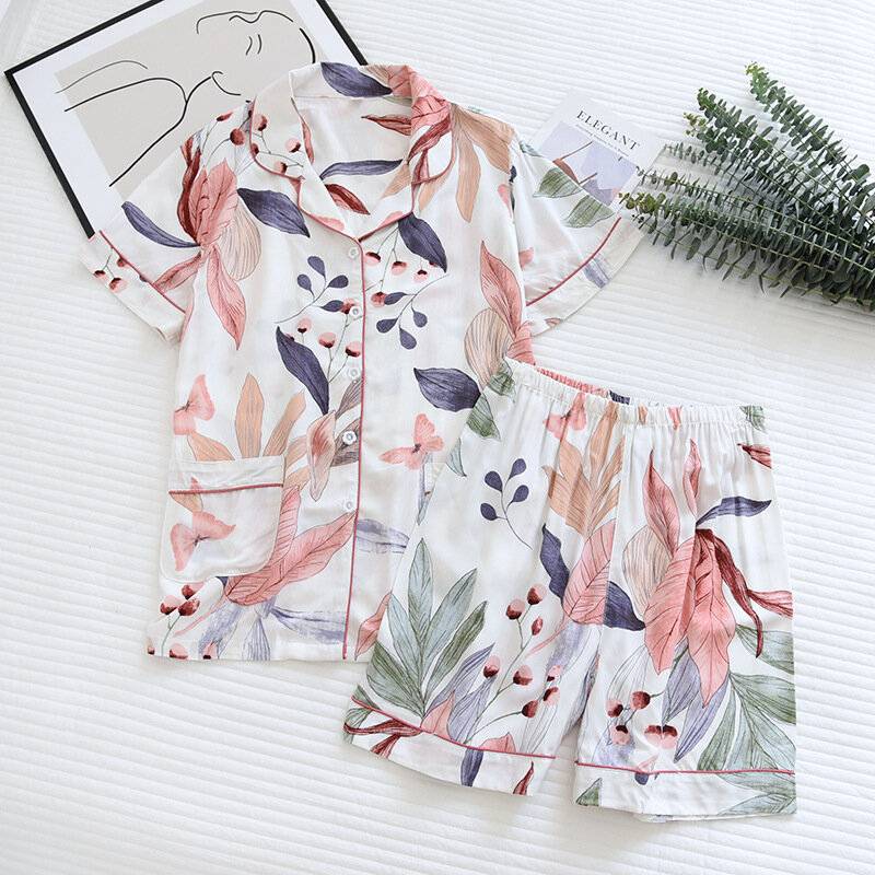 Letnie nowe damskie piżamy cienki odcinek spodenki z krótkimi rękawami duży kwiatowy piżama z nadrukiem damskie piżamy damskie