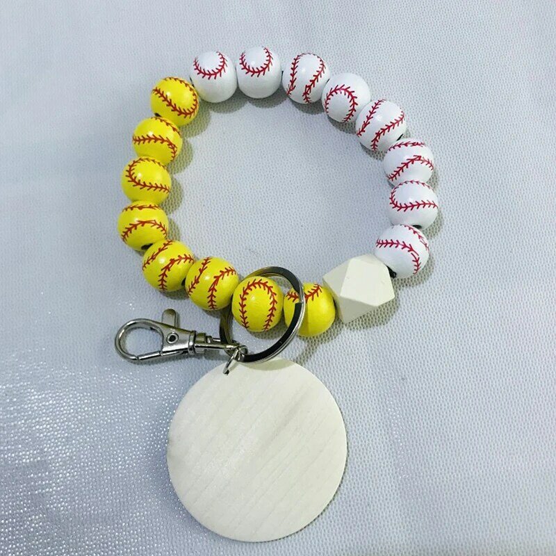 Porte-clés en perles de bois imprimé pour femme et homme, breloques pour poignet, vente en gros