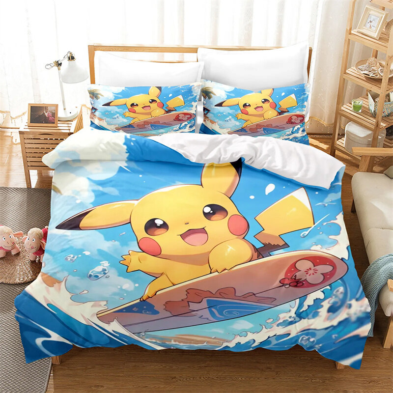 Conjunto de cama Pikachu Cartoon, capa de edredão, tamanho completo, impressão digital 3D, decoração do quarto das crianças, bonito