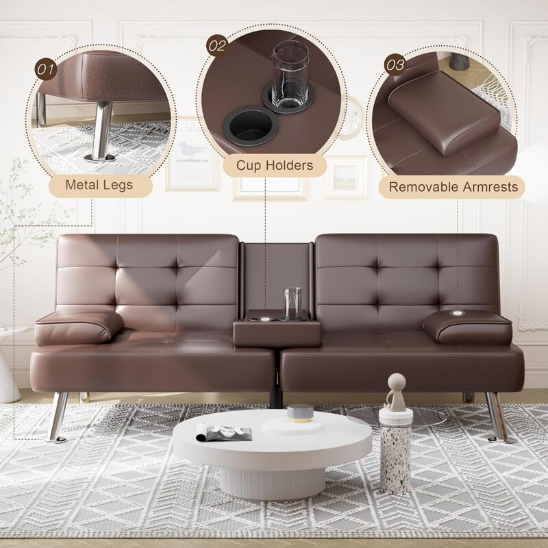 Loveseat conversível de couro sintético com braços removíveis, sofá Futon dobrável, cama-cama, sala de estar, sofá estofado