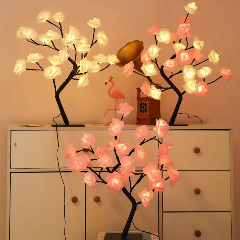 Lámpara de mesa de árbol de flores y rosas rojas, luces nocturnas de escritorio de hadas, regalos operados por USB para boda, decoración de San Valentín y Navidad