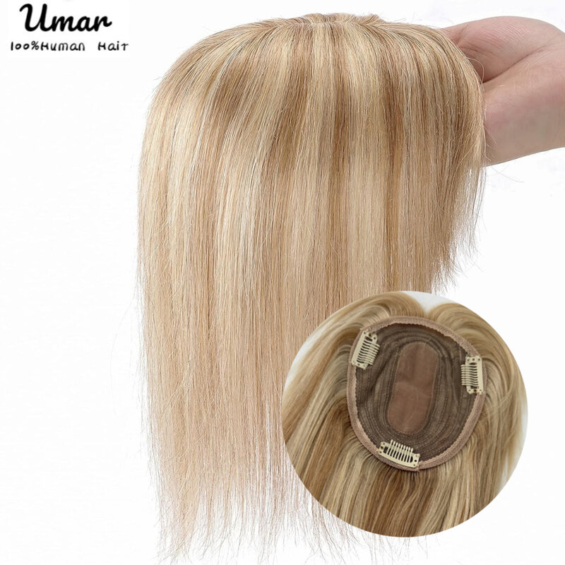 Topper de cabello humano Natural para mujer, pelucas de cabello 100% humano con flequillo, pelo liso, Base de seda rubia, Clips en postizos