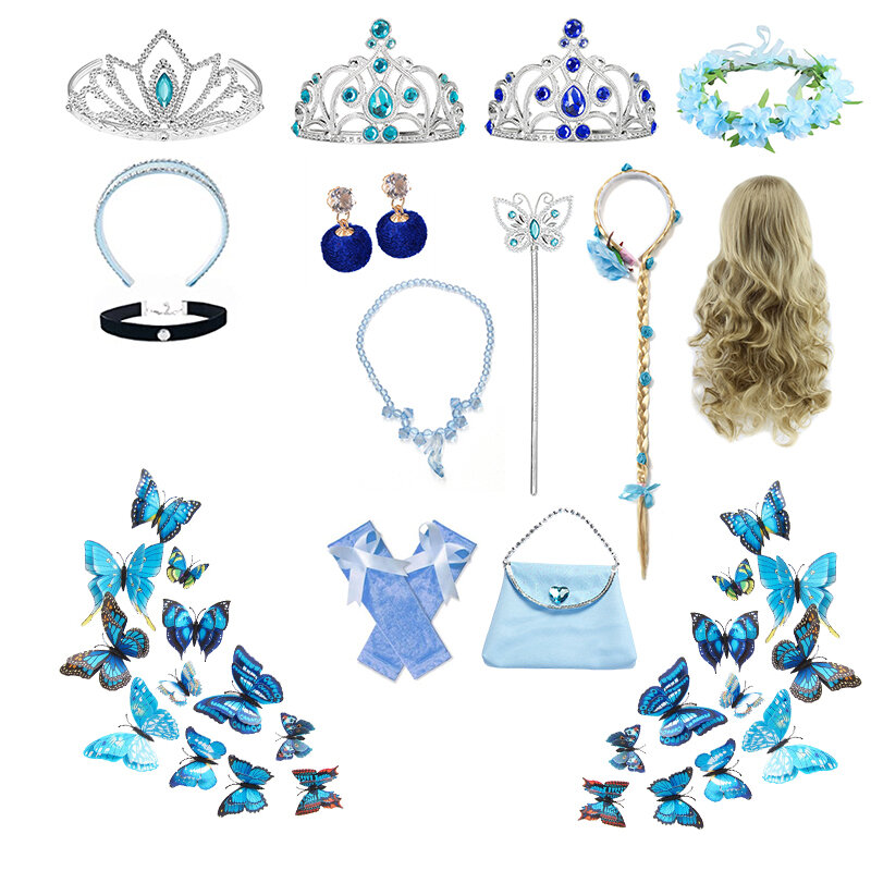 Accesorios de disfraz de princesa para niñas, corona, collar de varita mágica, pendientes, conjunto de joyas, vestido para niña, peluca, trenzas, bolsa