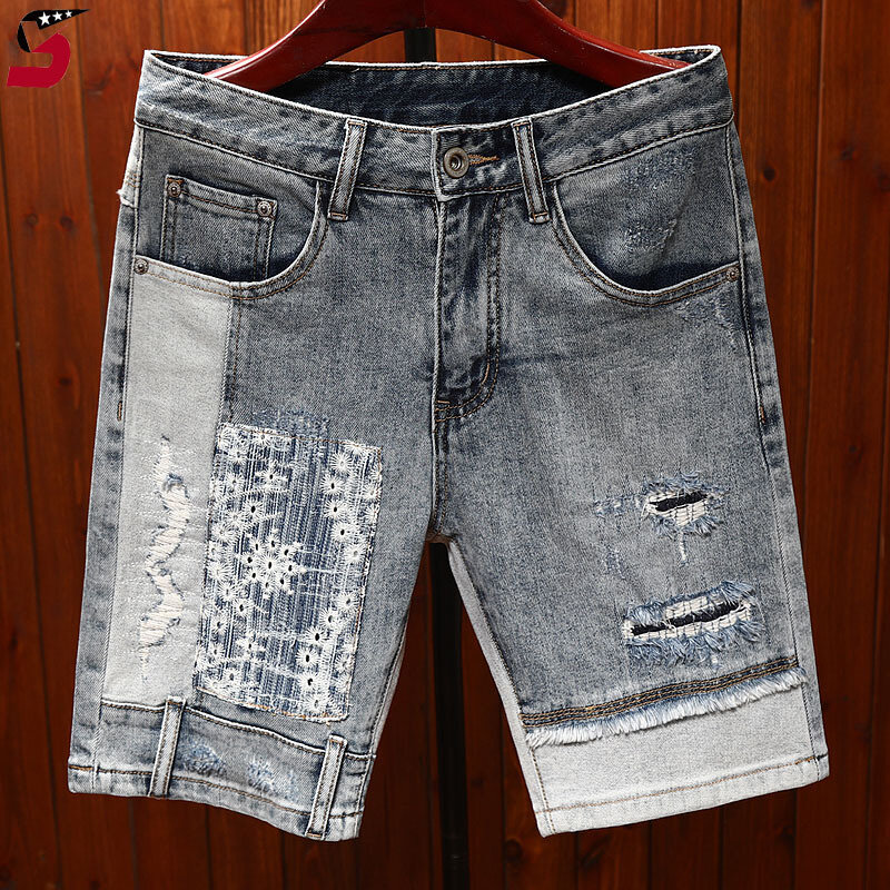 Summer high-end trendy brand denim shorts for men fashion with five point Stretch Straight fit and trendy outerwear horse pants