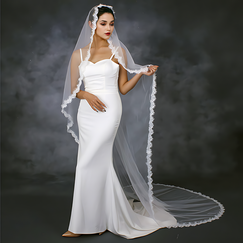 Lace Wedding Veil 1 Tier Long Bridal Veils Soft Wedding Bridal Accessories Scallop Lace Trim Soft Tulle Short Veu VP98