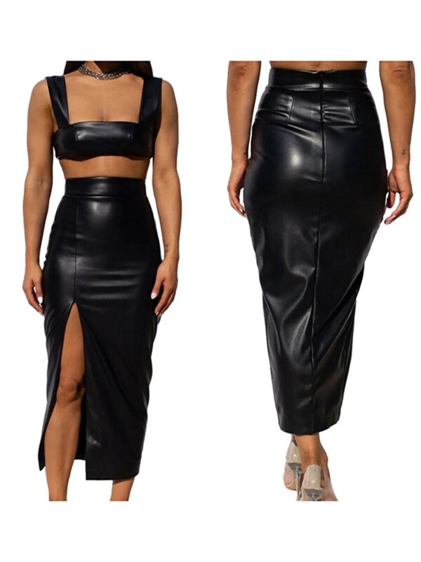 Skirt For Women Faux Pu Leather Skirt High Waist Split Sexy Bodycon High Elegant Midi Skirts Party Club Y2k Clothes