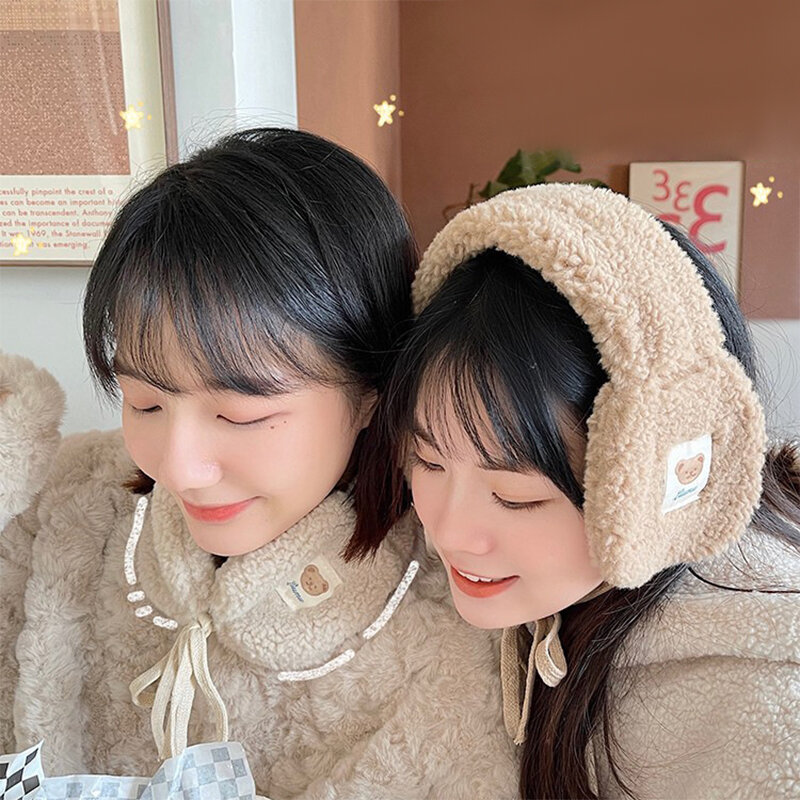 Cute Bear Warm Ear Muffs Winter Anti-freezing Ear Warmer Cycling Windproof Cold Ear Cover Non-slip With Tie Rope