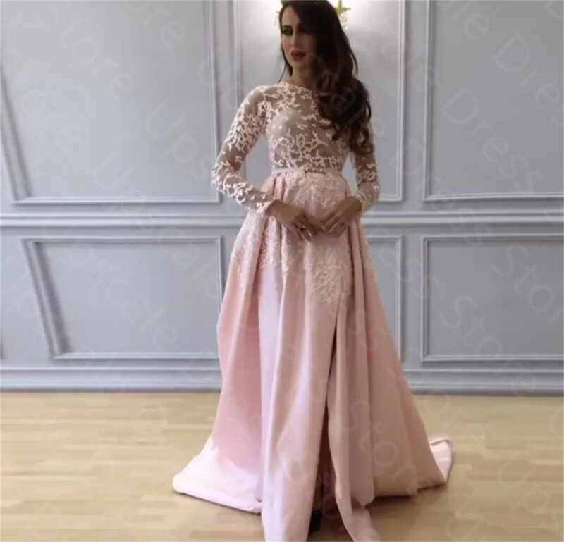 Elegantes vestidos longos de baile com Jewel Neck, saia sexy Split, Sweep Train Sheer Top, Apliques de design, rosa