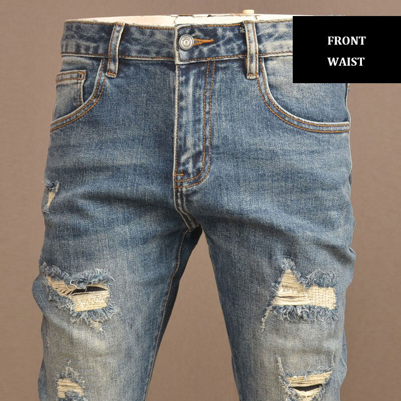 Джинсы мужские Стрейчевые в стиле ретро, модные рваные джинсы скинни, винтажные дизайнерские брюки из денима, уличная одежда