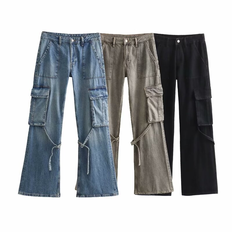 Dames 2023 Nieuwe Chique Fashion Strap Pocket Decoratie Losse Casual Cargo Jeans Vintage Mid Taille Rits Dames Denim Broek Mujer