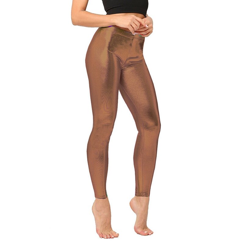 Damski cukierkowy kolor błyszcząca skóra metaliczny imitacja skóry legginsy damski spodnie z kieszeniami