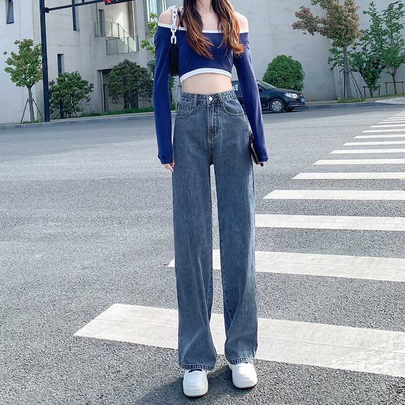 Jean droit taille haute pour femme, streetwear coréen classique, pleine longueur, simple, loisirs étudiants, printemps, mode chic