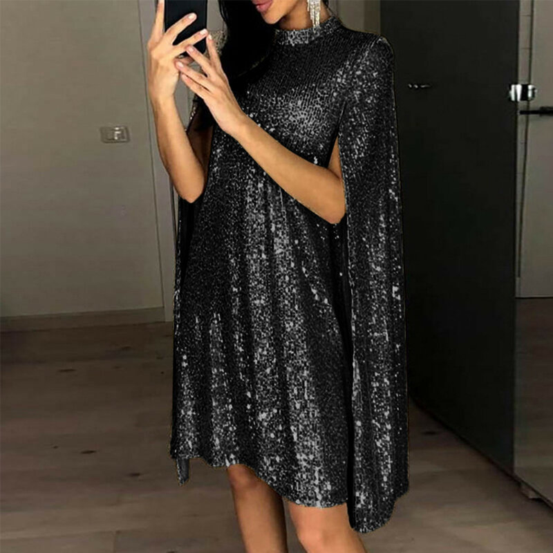 Womens Puff Long Slit Sleeve Glitter Dress Evening Sparkly Loose Fit Mini Short Dresses Sequin Cocktail Party Dresses