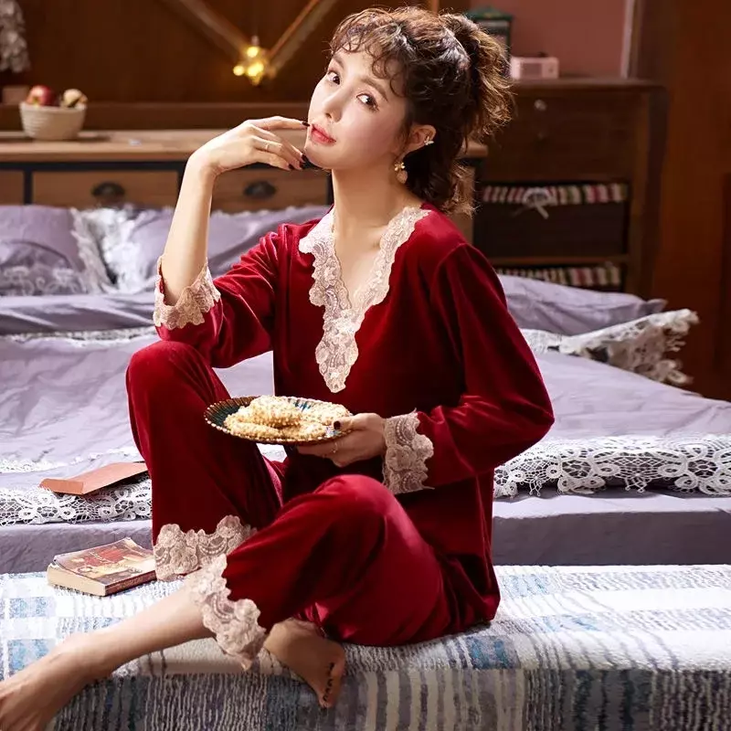 Pyjama à manches longues de style coréen pour femme, 3 saisons, velours doré, peut être porté à l'extérieur, grande taille, service à domicile, 6911-13