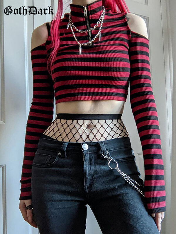 Goth Dark Grunge/Базовая футболка в полоску в готическом стиле повседневные облегающие Топы в стиле панк для девочек футболка с длинными рукавами и открытыми плечами