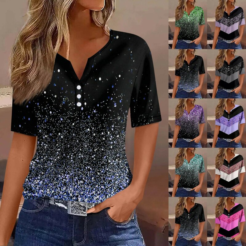 Женская футболка на пуговицах, базовая футболка с коротким рукавом и V-образным вырезом, с блестками и градиентным принтом, лето 2024